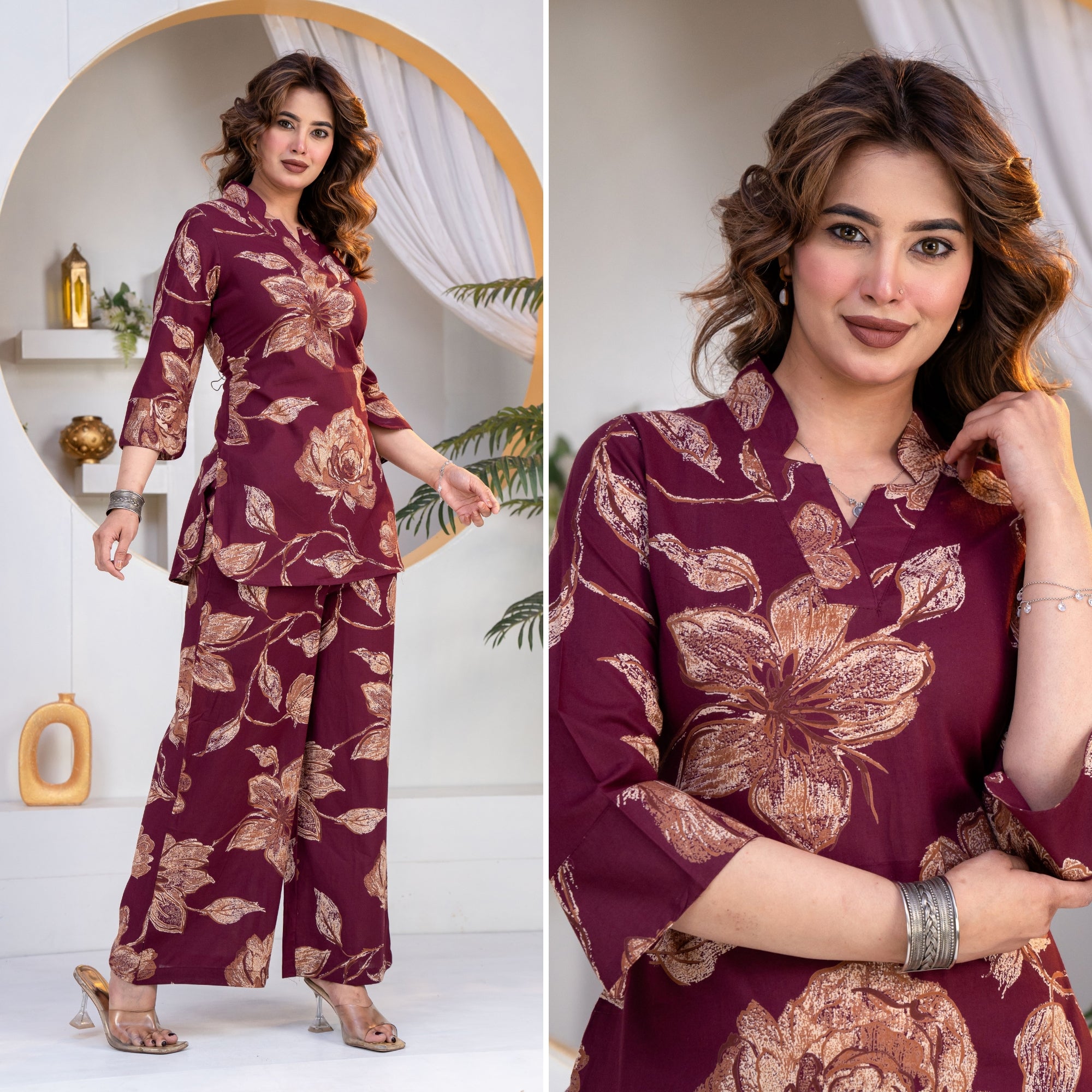 Botanic Muse Maroon Printed Cotton Co-ords Set