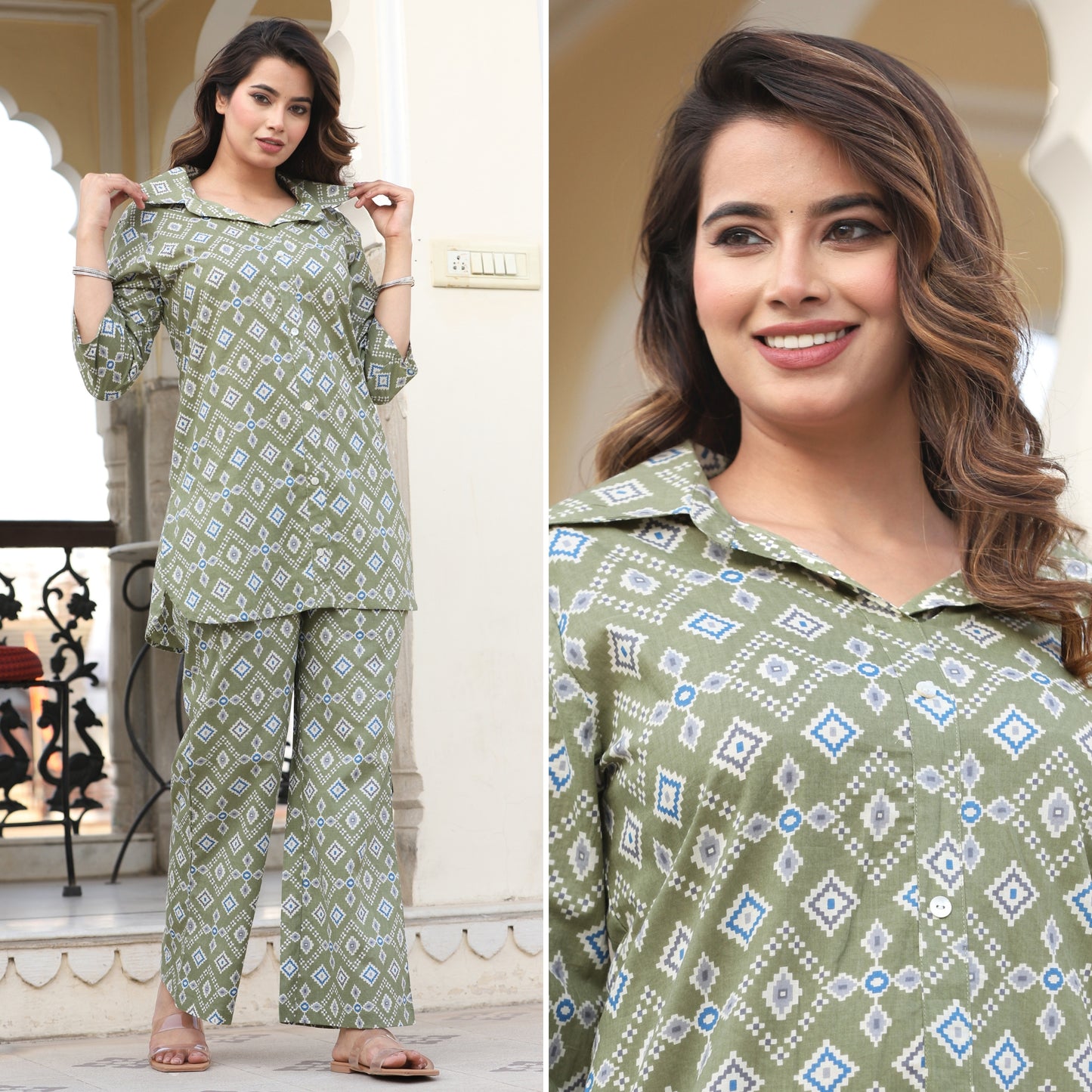 Ikat Light Mehndi Cotton Loungewear Co-ords Set