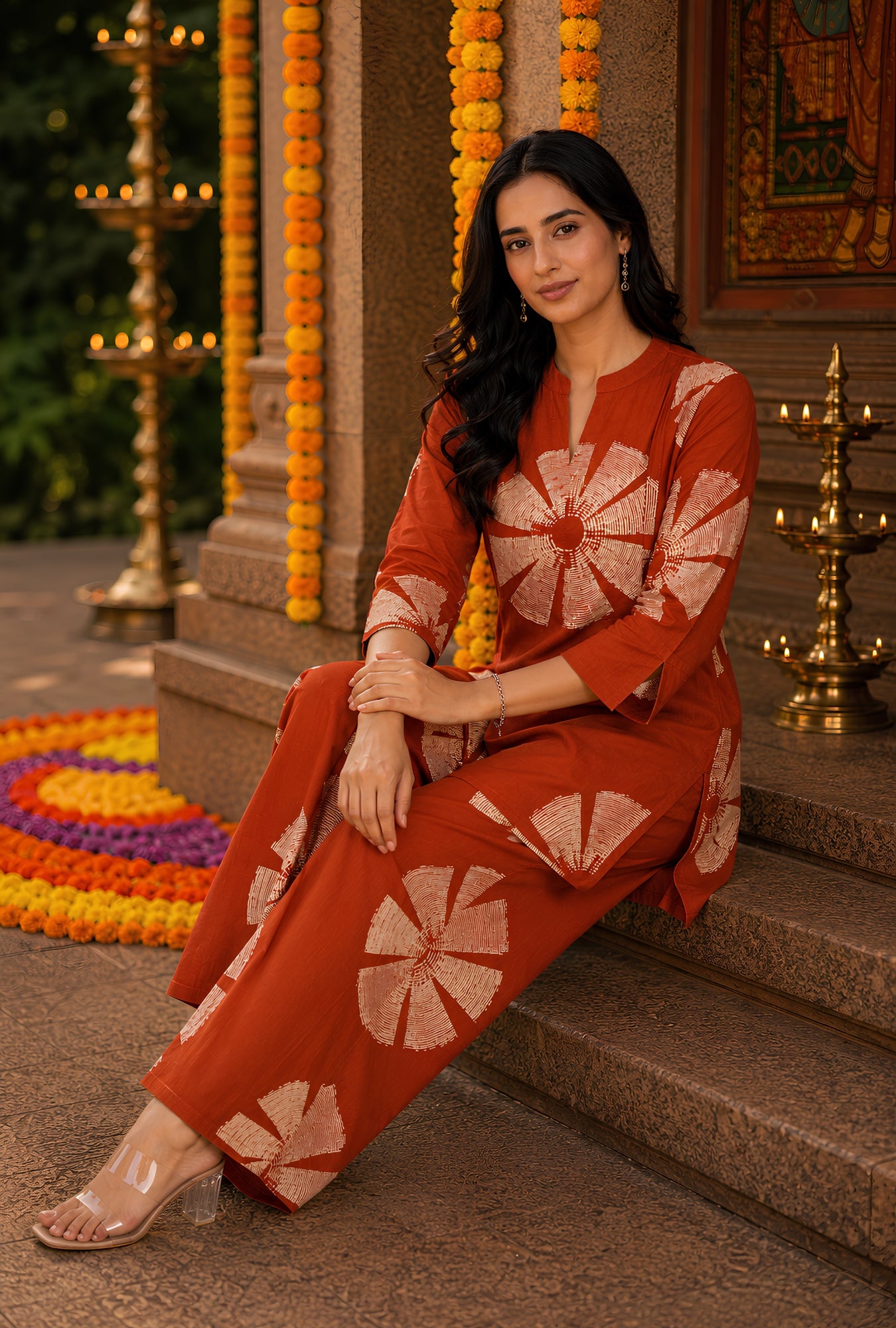 Azure Breeze Rust Printed Cotton Co-ords Set
