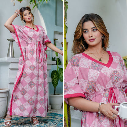 Pastel Bloom Pink Cotton Loungewear Kaftan
