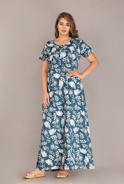 Pine Leaf Blue Cotton Printed Nightwear Gowns