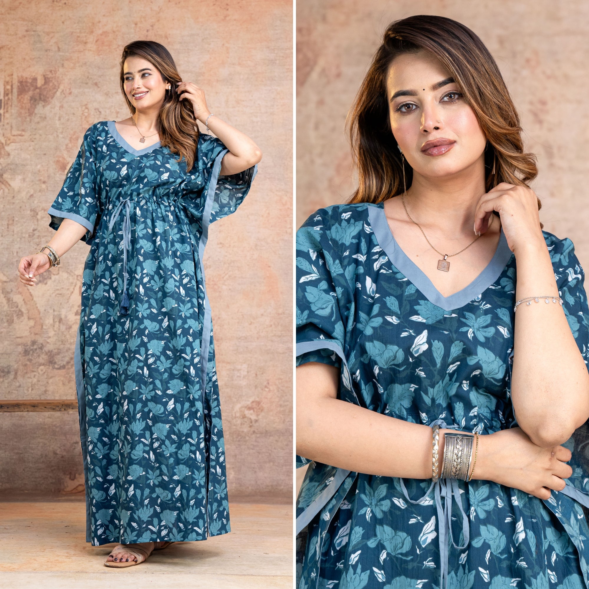 Lotus Leaves Navy Blue Loungewear Cotton Kaftan