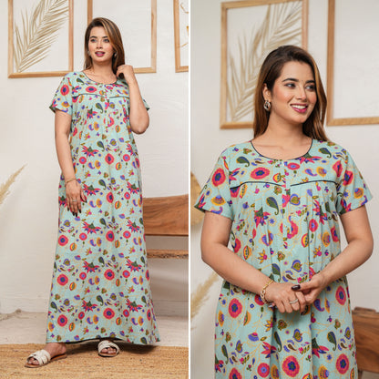 Paisley Flower Pista Cotton Printed Nightwear Gowns
