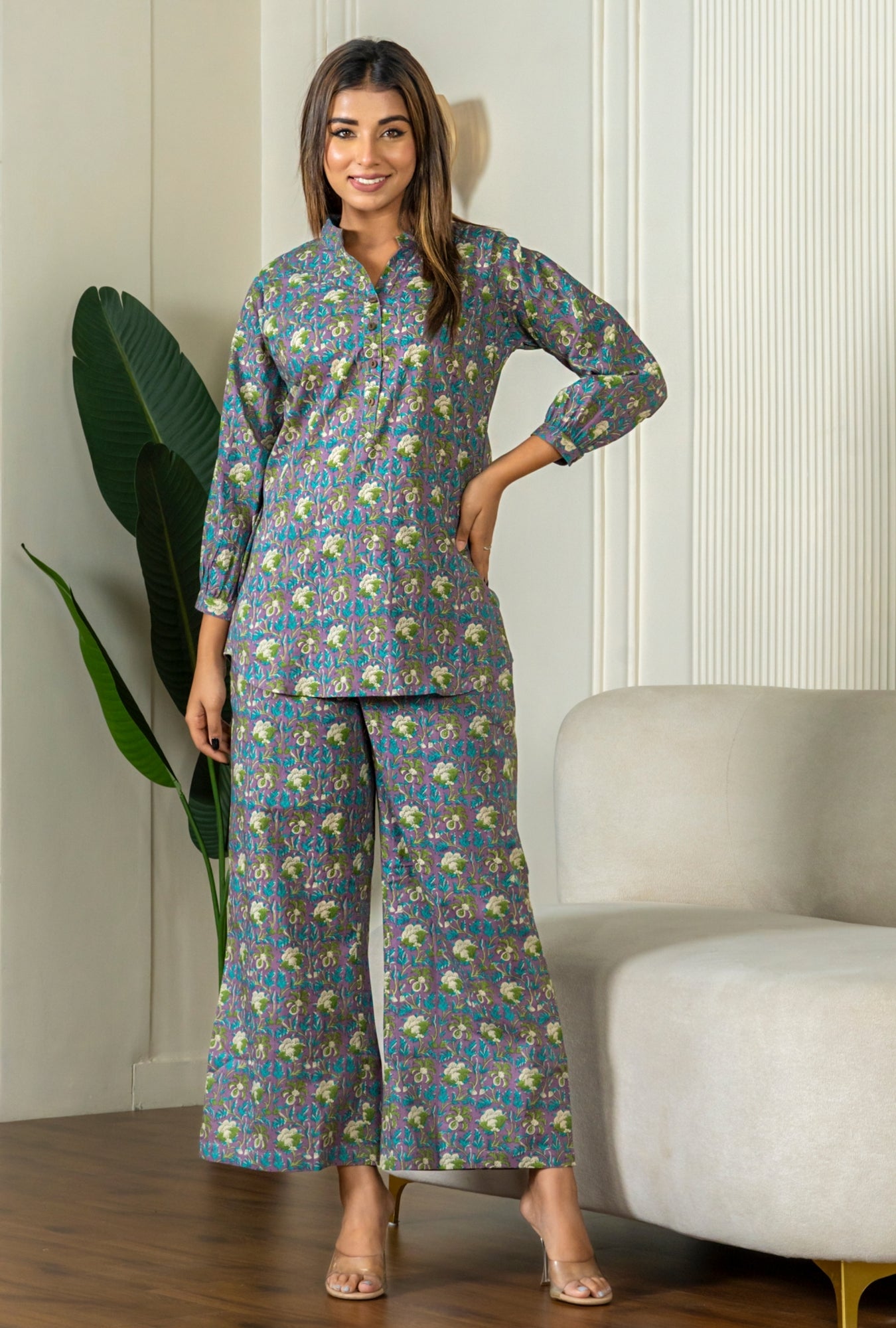 Kalamkari Purple Cotton Loungewear Co-ords Set