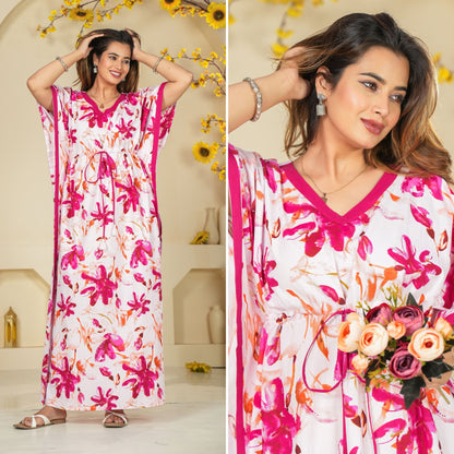 Spray Flower Pink Loungewear Cotton Kaftan