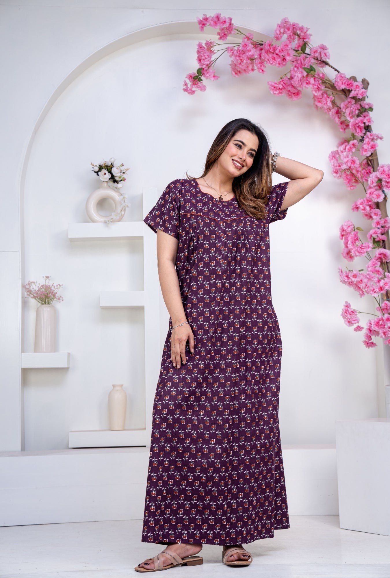 Dandelion Purple Cotton Printed Nightwear Gowns