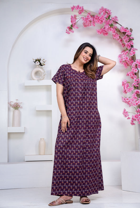 Dandelion Purple Cotton Printed Nightwear Gowns