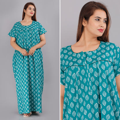 Gulmohar Sea Green Cotton Printed Nightwear Gowns