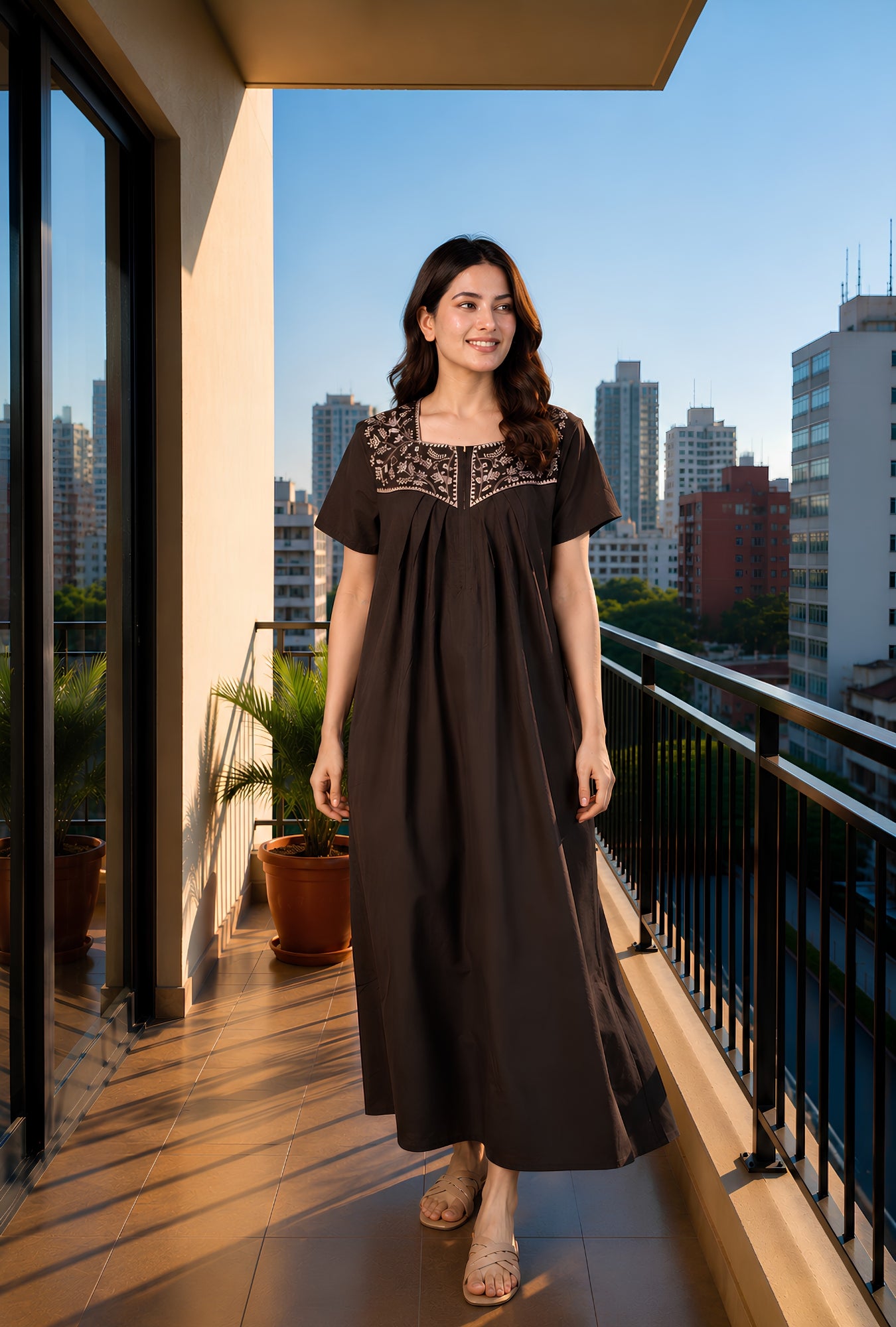 Crimson Bloom Coffee Embroidery Yoke Cotton Night Gown
