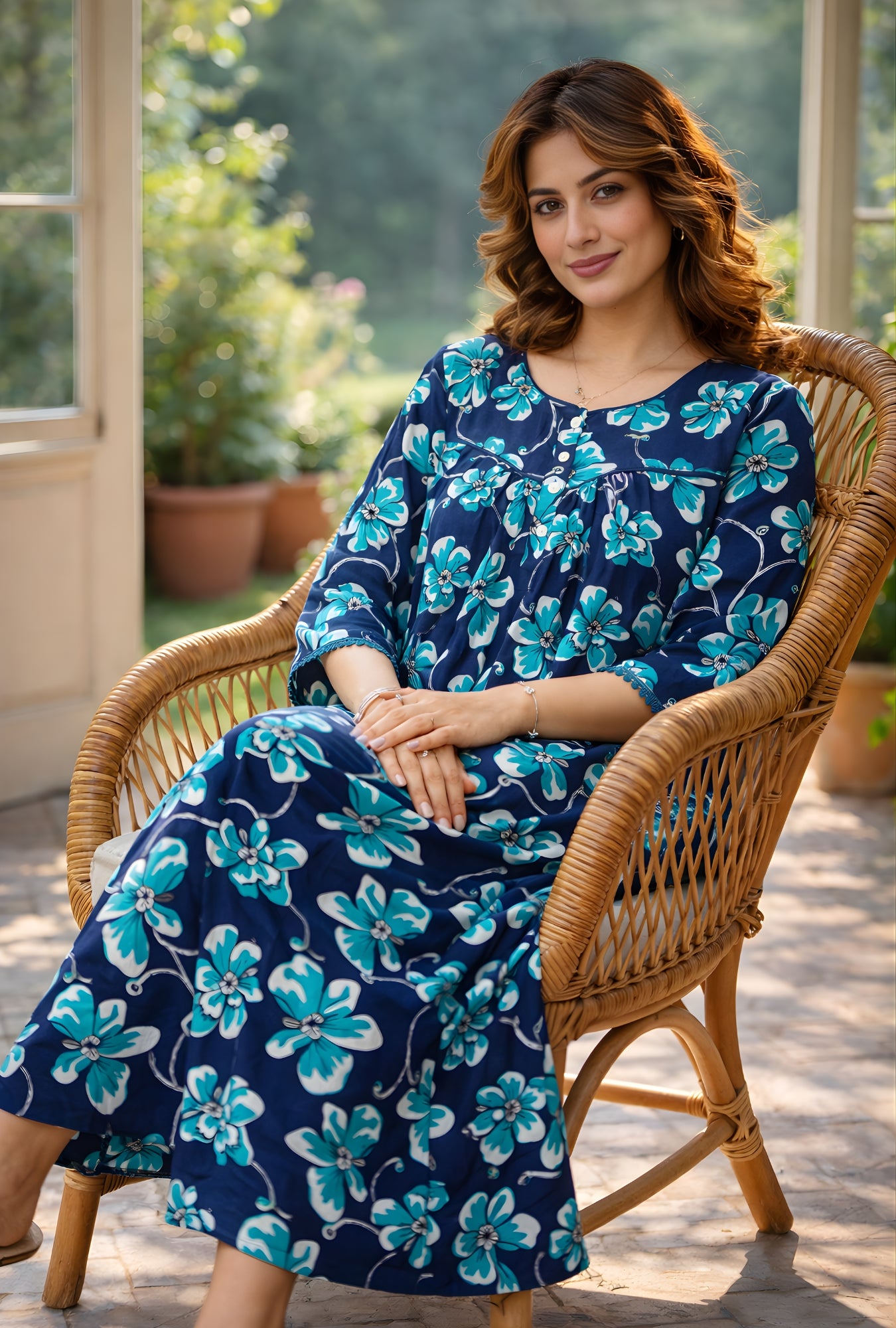 Ocean Bloom Blue Floral Cotton Night Gown