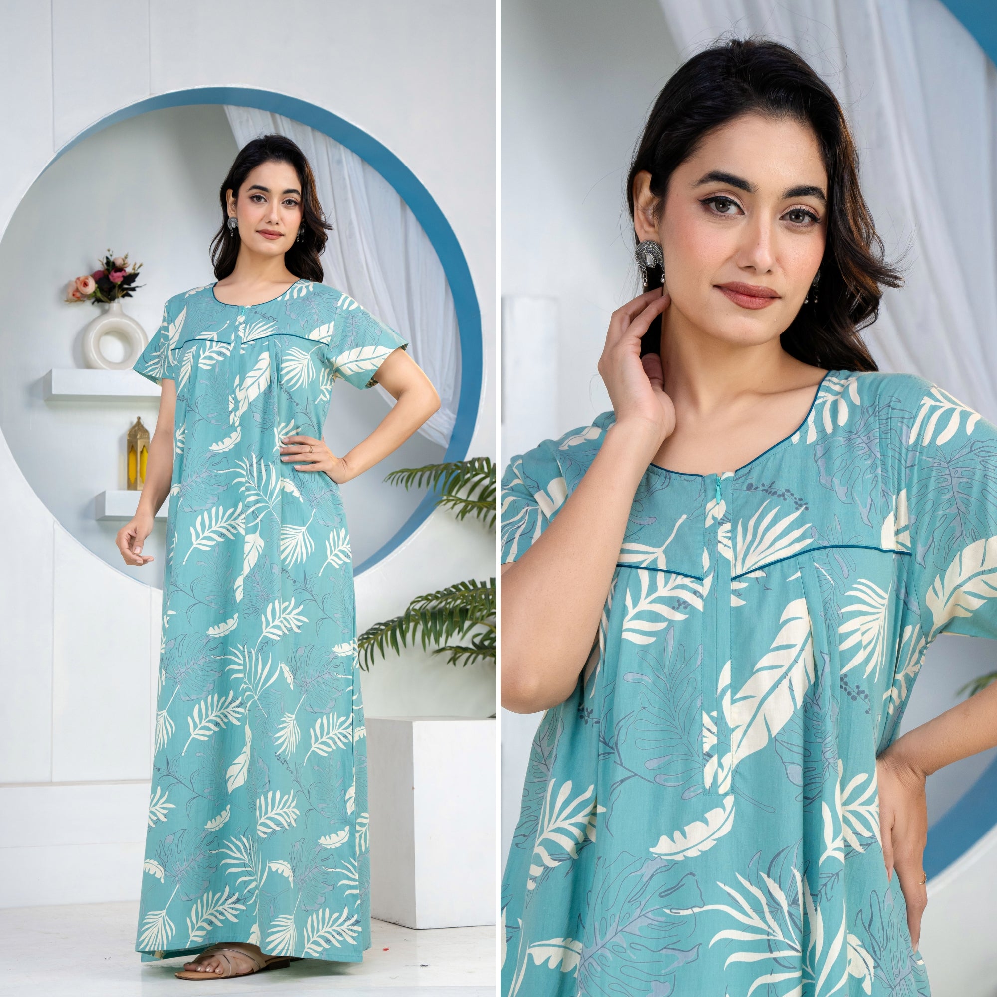 Plum Leaf Sea Green Cotton Printed Nightwear Gowns