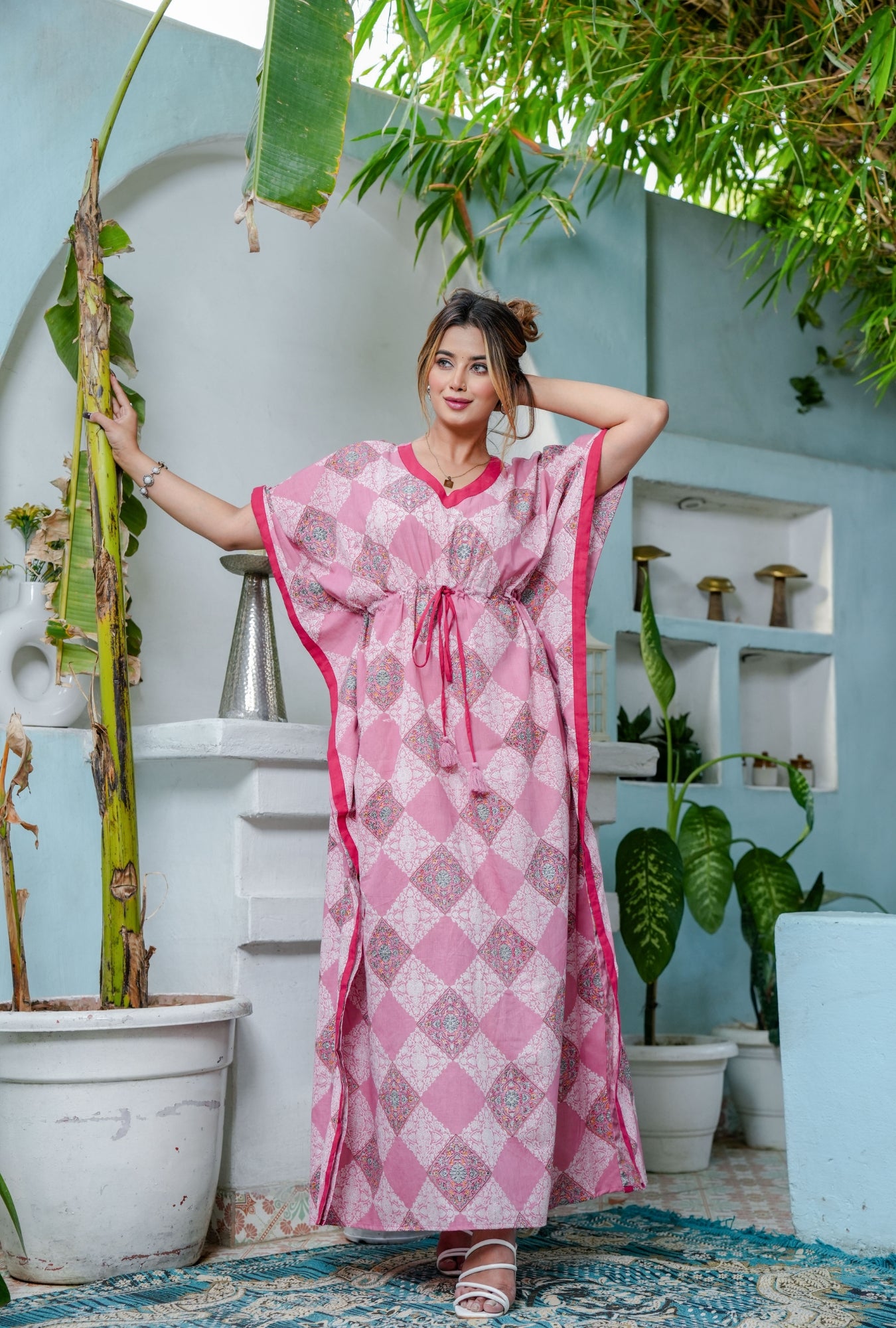 Pastel Bloom Pink Cotton Loungewear Kaftan
