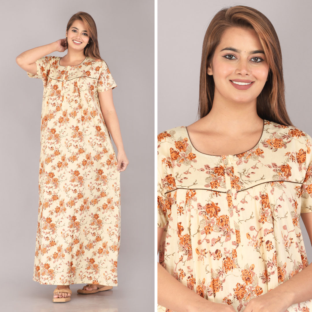 Wasp Flower Beige Cotton Printed Nightwear Gowns