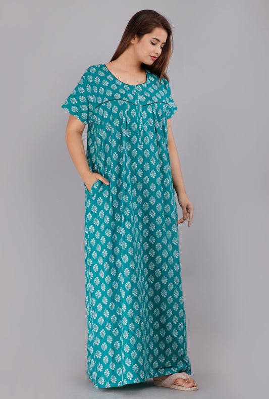 Gulmohar Sea Green Cotton Printed Nightwear Gowns