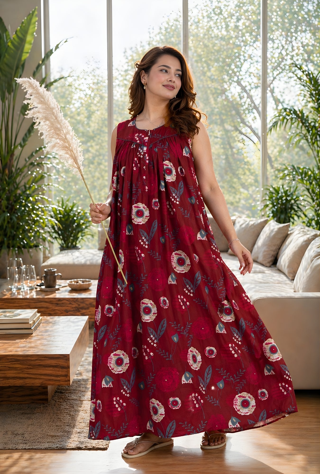 Ruby Petal Maroon Cotton Night Gown