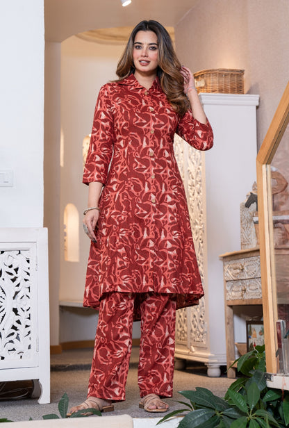 Rustic Petals Red Printed Cotton Co-ords Set
