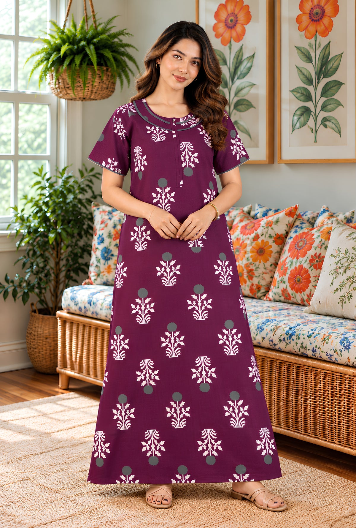 Imperial Bloom Magenta Printed Cotton Night Gown