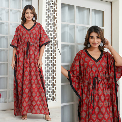 Ajrak Buta Maroon Printed Cotton Loungewear Kaftan