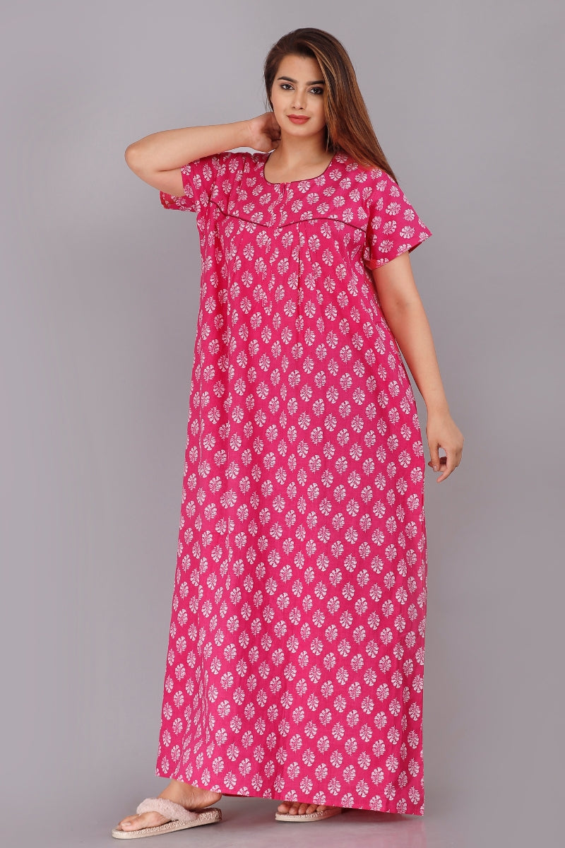 Gulmohar Pink Cotton Printed Nightwear Gowns