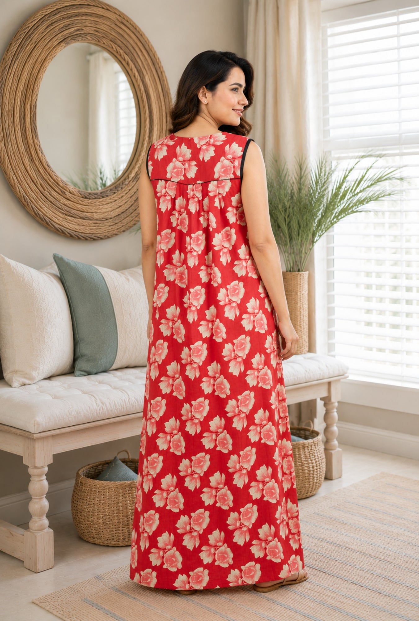 Coral Blossom Sleeveless Cotton Night Gown