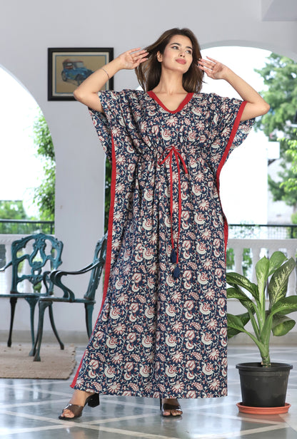 Kalamkari Blue Printed Cotton Loungewear Kaftan