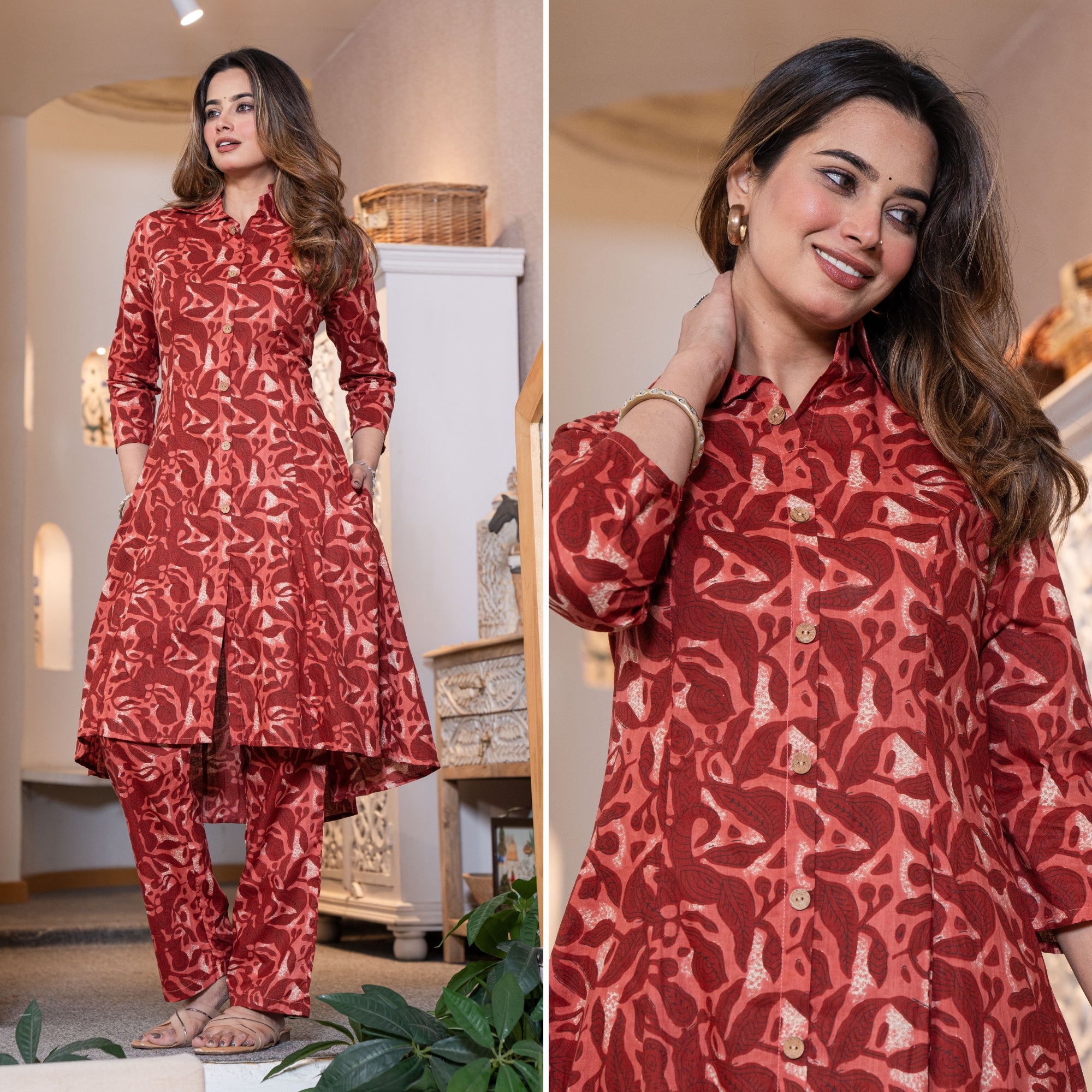 Rustic Petals Red Printed Cotton Co-ords Set