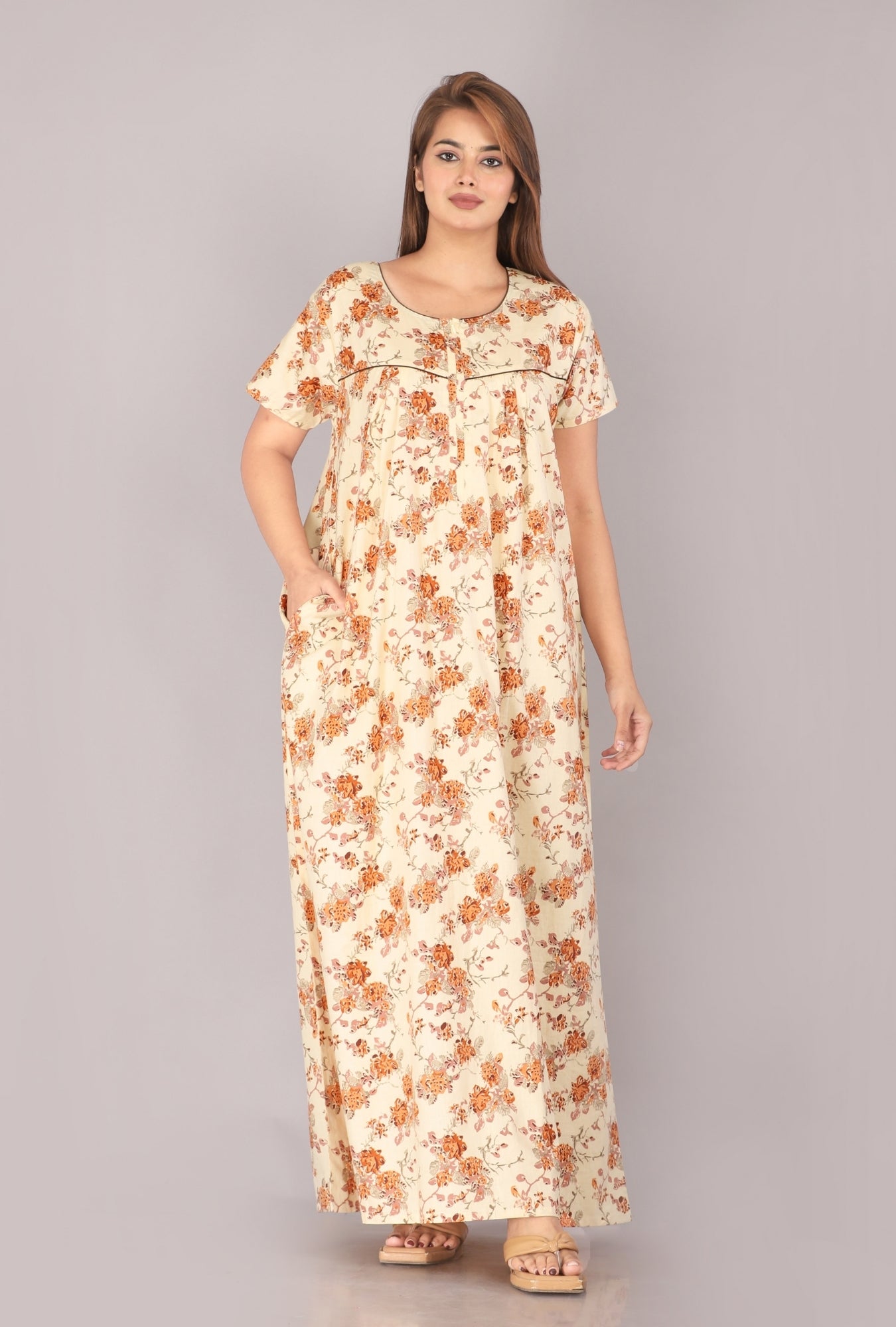 Wasp Flower Beige Cotton Printed Nightwear Gowns