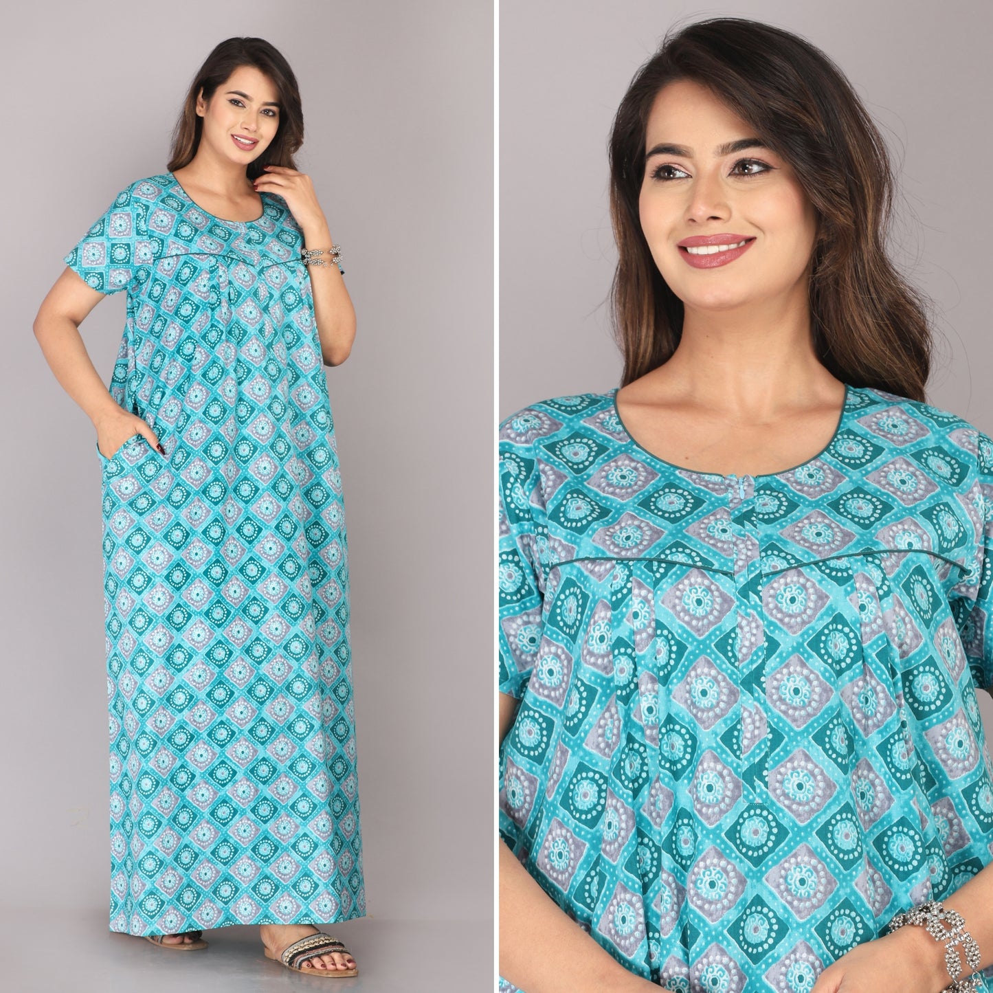 Meenakari Sea Green Cotton Printed Nightwear Gowns