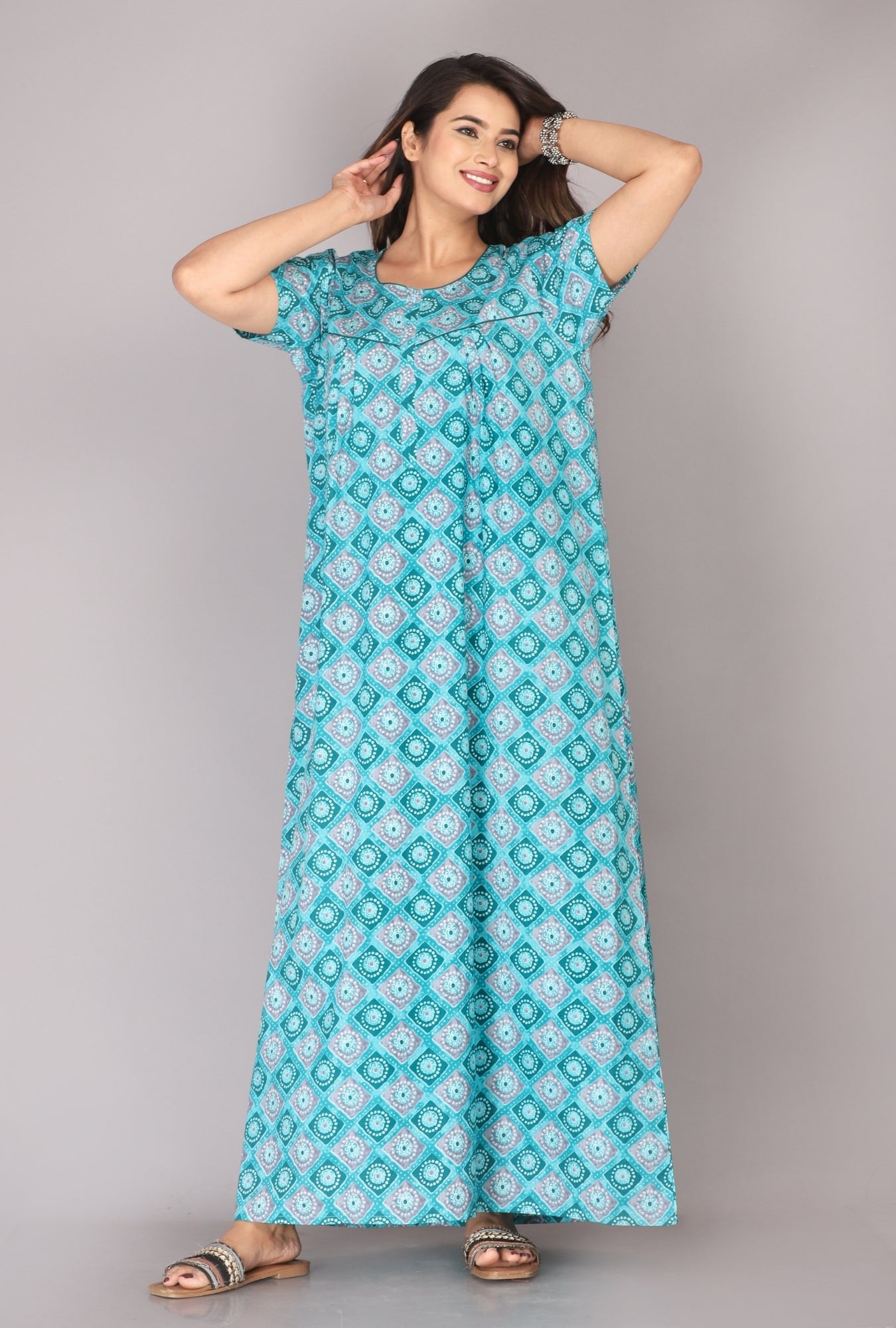 Meenakari Sea Green Cotton Printed Nightwear Gowns