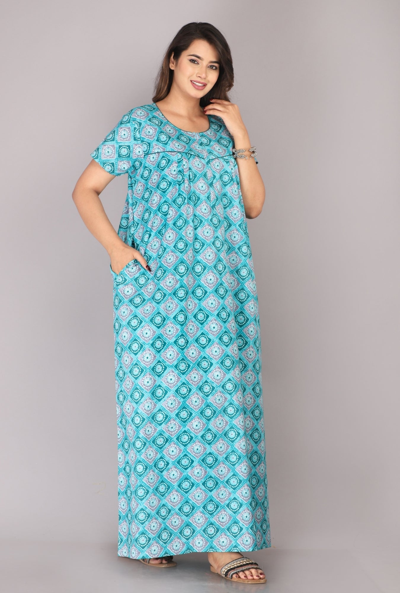 Meenakari Sea Green Cotton Printed Nightwear Gowns