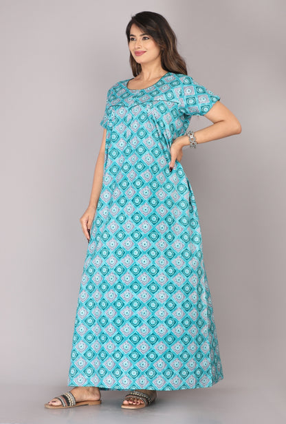 Meenakari Sea Green Cotton Printed Nightwear Gowns