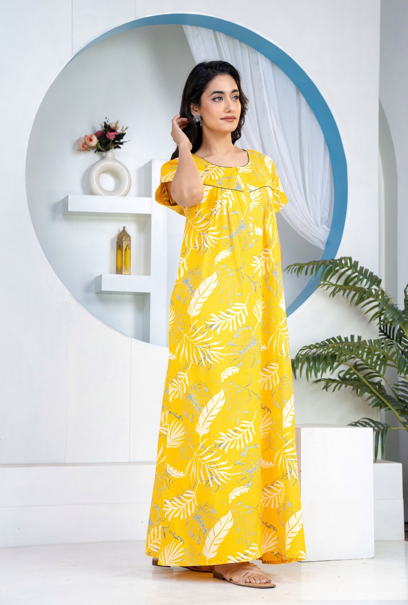 Plum Leaf Yellow Cotton Printed Nightwear Gowns