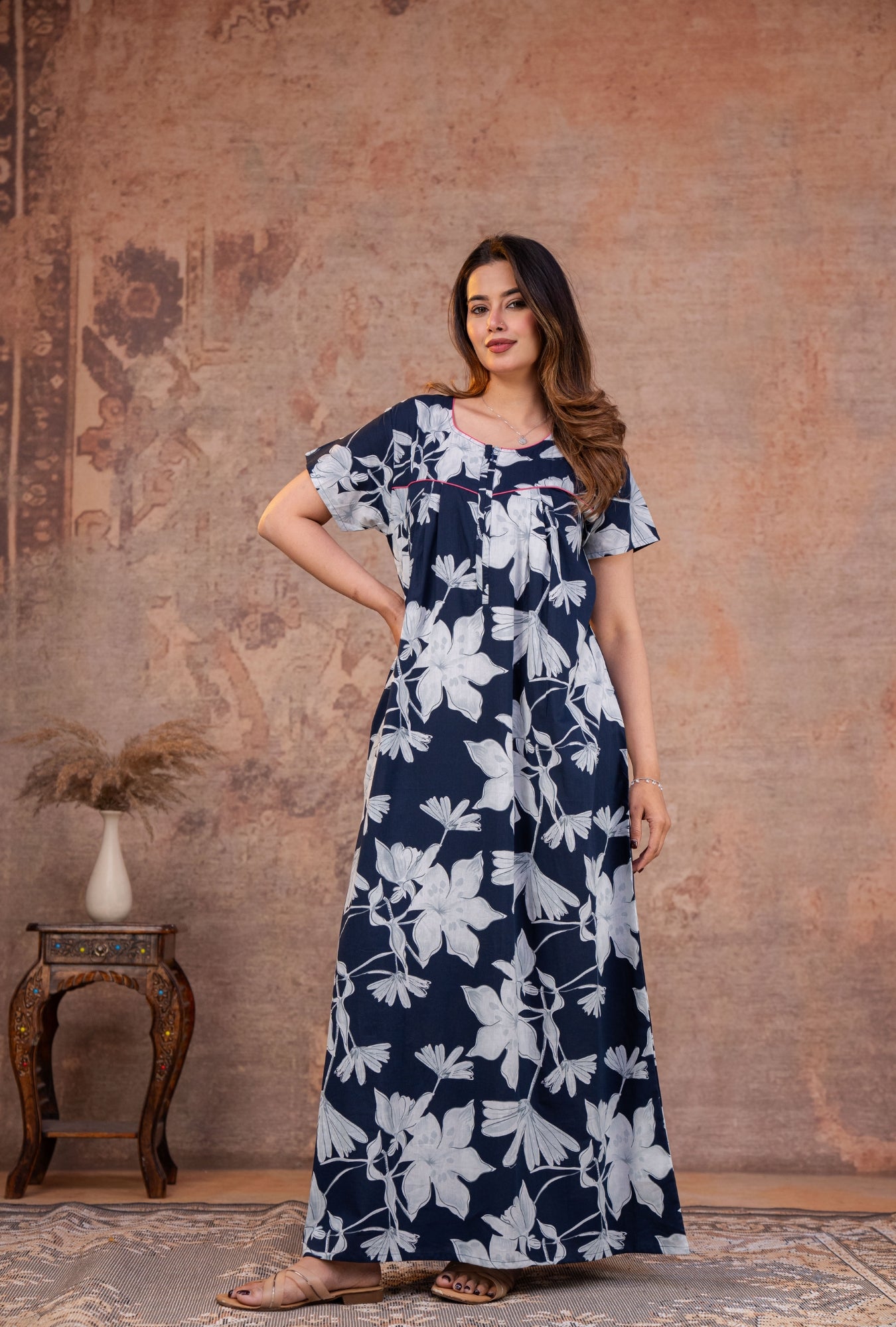 Water Lily Navy Cotton Printed Nightwear Gowns