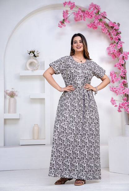 Batik Flower Grey Cotton Printed Nightwear Gowns