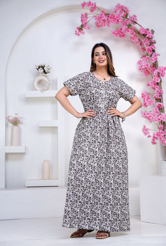 Batik Flower Grey Cotton Printed Nightwear Gowns