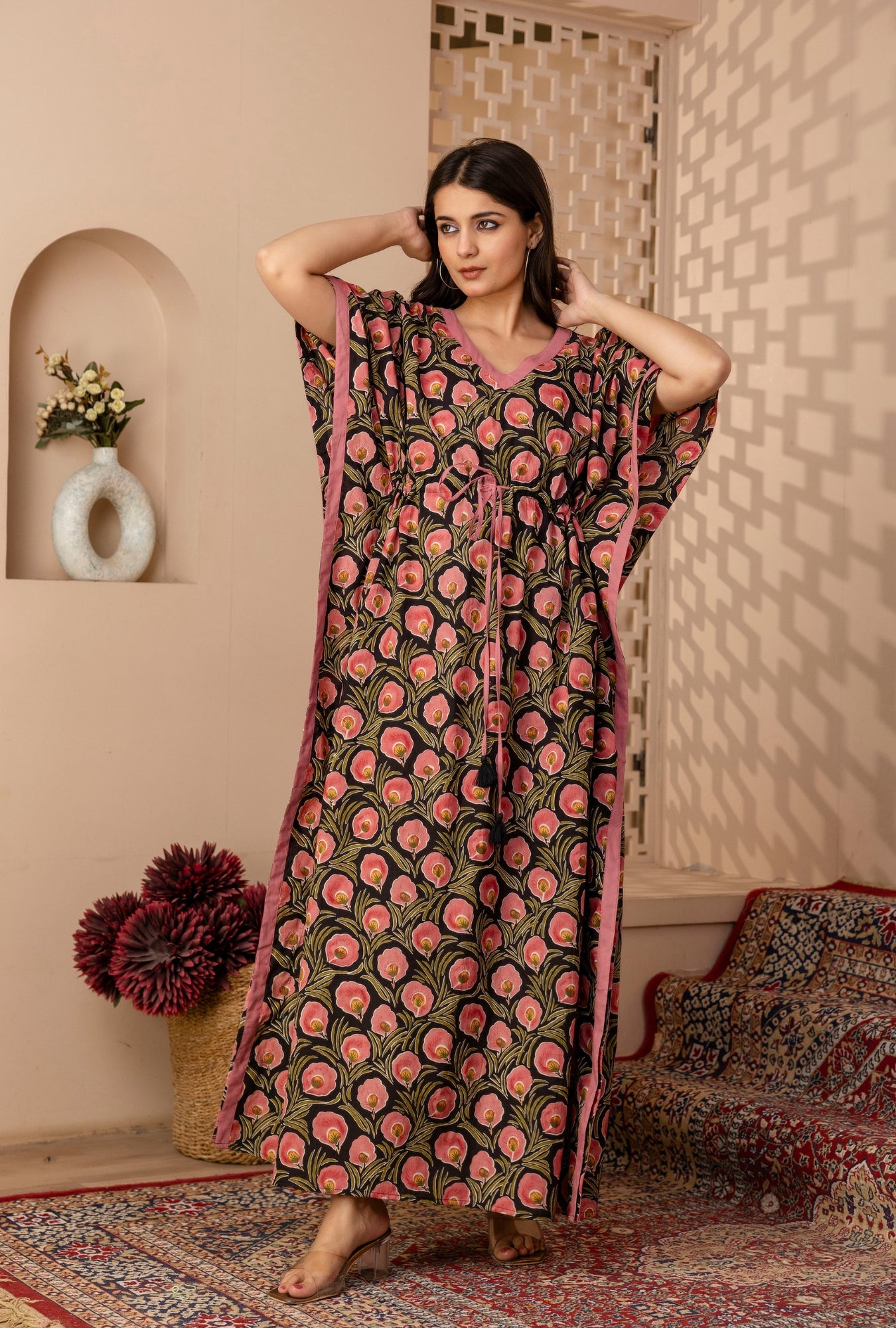 Neo Ethnic Black Printed Cotton Loungewear Kaftan