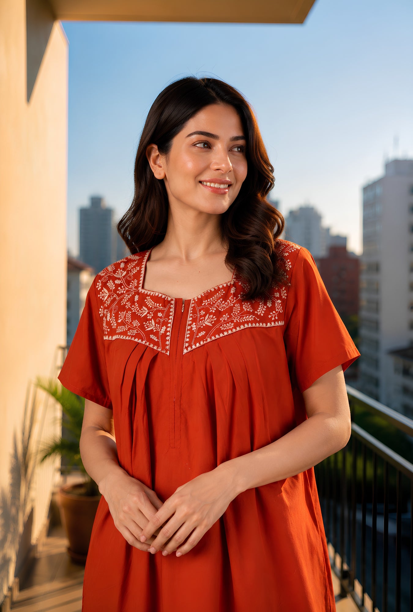 Crimson Bloom Rust Embroidery Yoke Cotton Night Gown