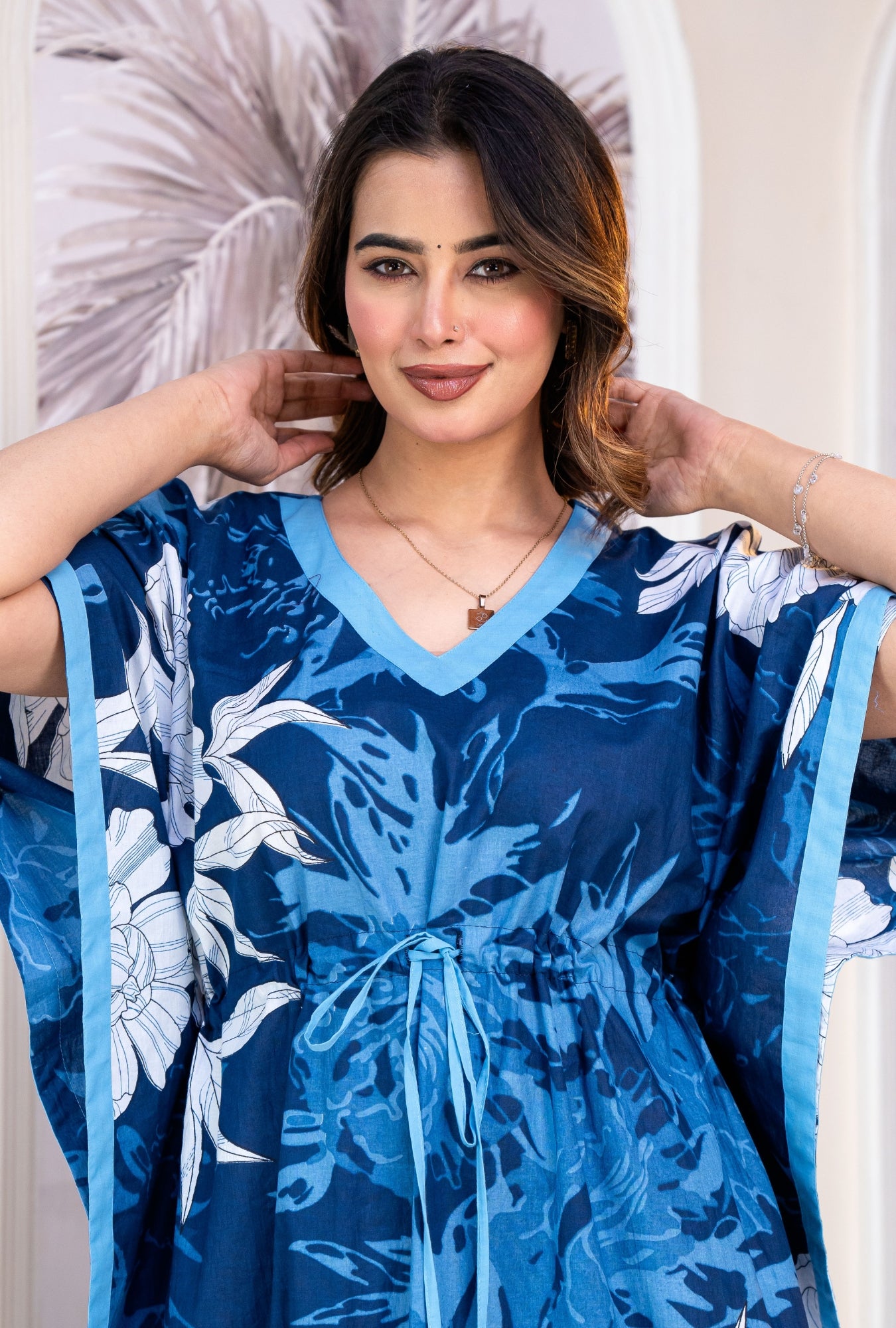 Palm Breeze Blue Loungewear Cotton Kaftan