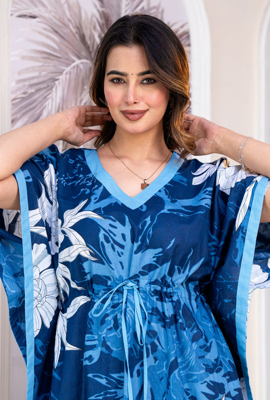 Palm Breeze Blue Loungewear Cotton Kaftan