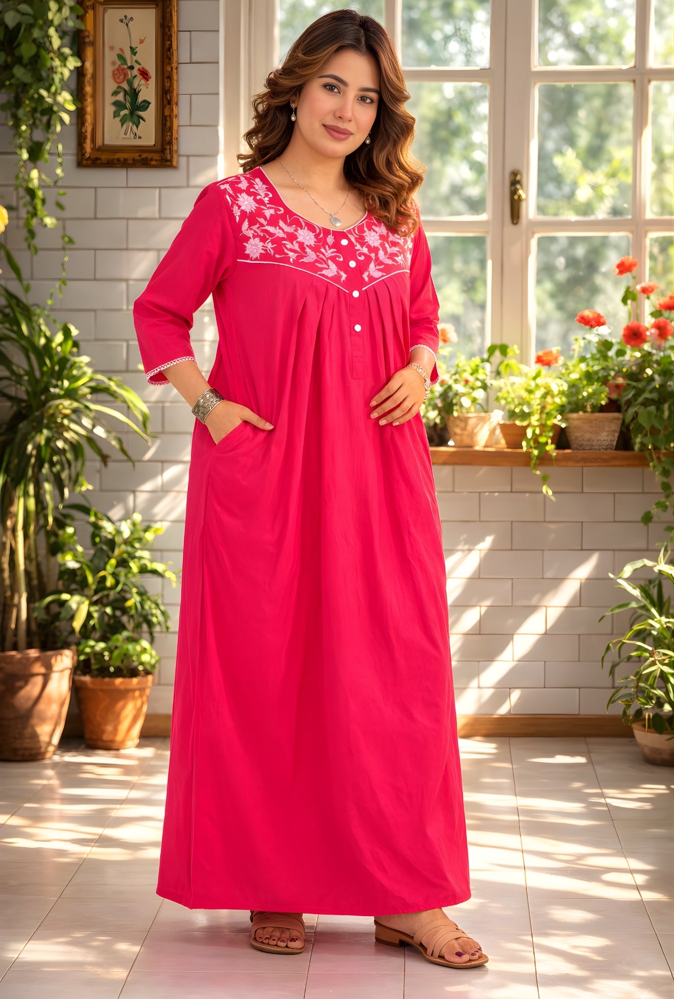 Fuchsia Pink Floral Embroidey Yoke Cotton Night Gown