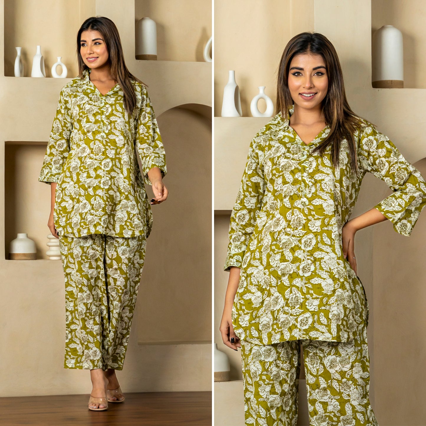 Floral Sonata Mehndi Cotton Loungewear Co-ords Set