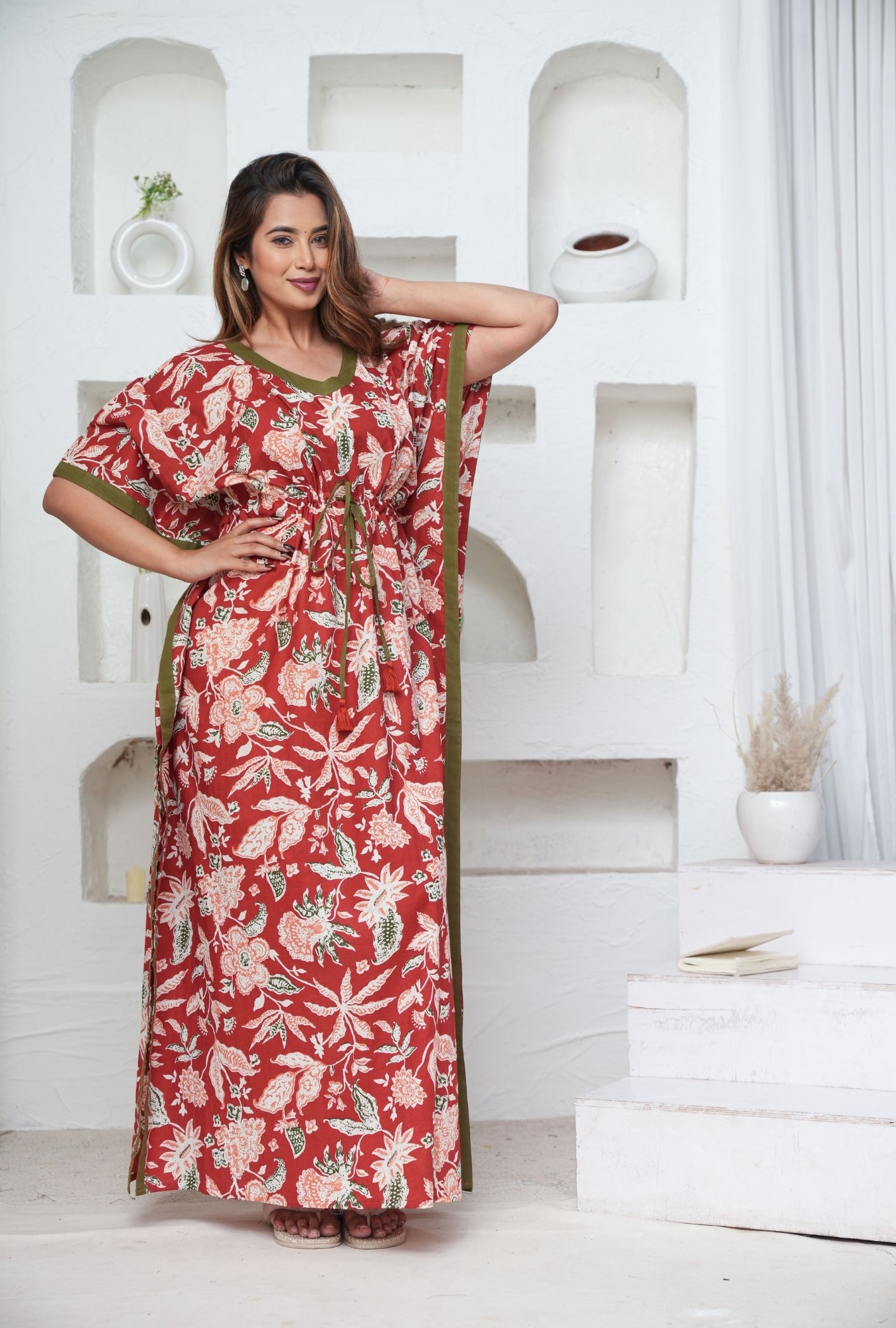 Marigold Red Loungewear Cotton Kaftan