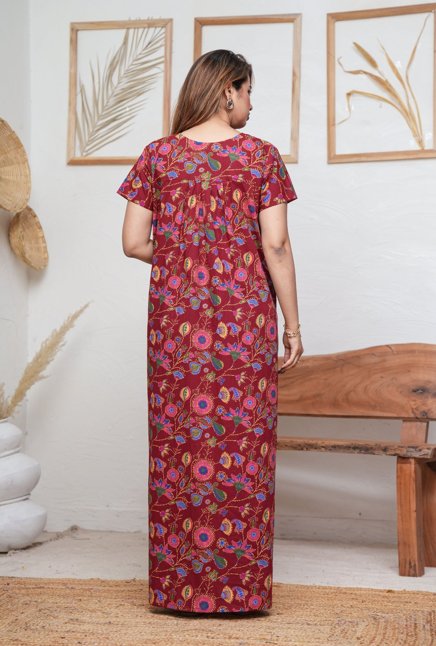 Paisley Flower Maroon Cotton Printed Nightwear Gowns
