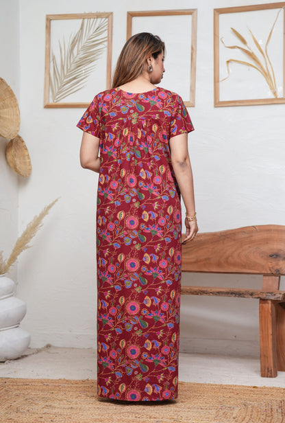 Paisley Flower Maroon Cotton Printed Nightwear Gowns