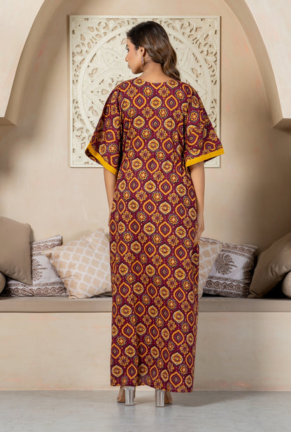 Maharani Motif Maroon Cotton Loungewear Kaftan