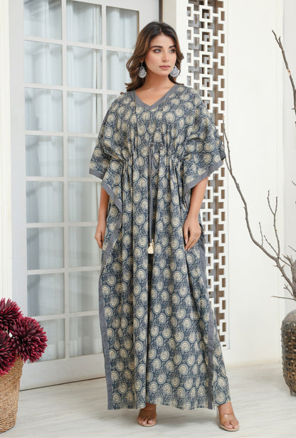 Indus Valley Grey Printed Cotton Loungewear Kaftan