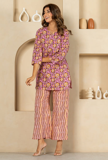 Shadow Bloom Maroon Print Cotton Loungewear set