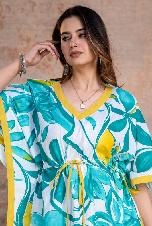 Regalia Green Yellow Loungewear Cotton Kaftan