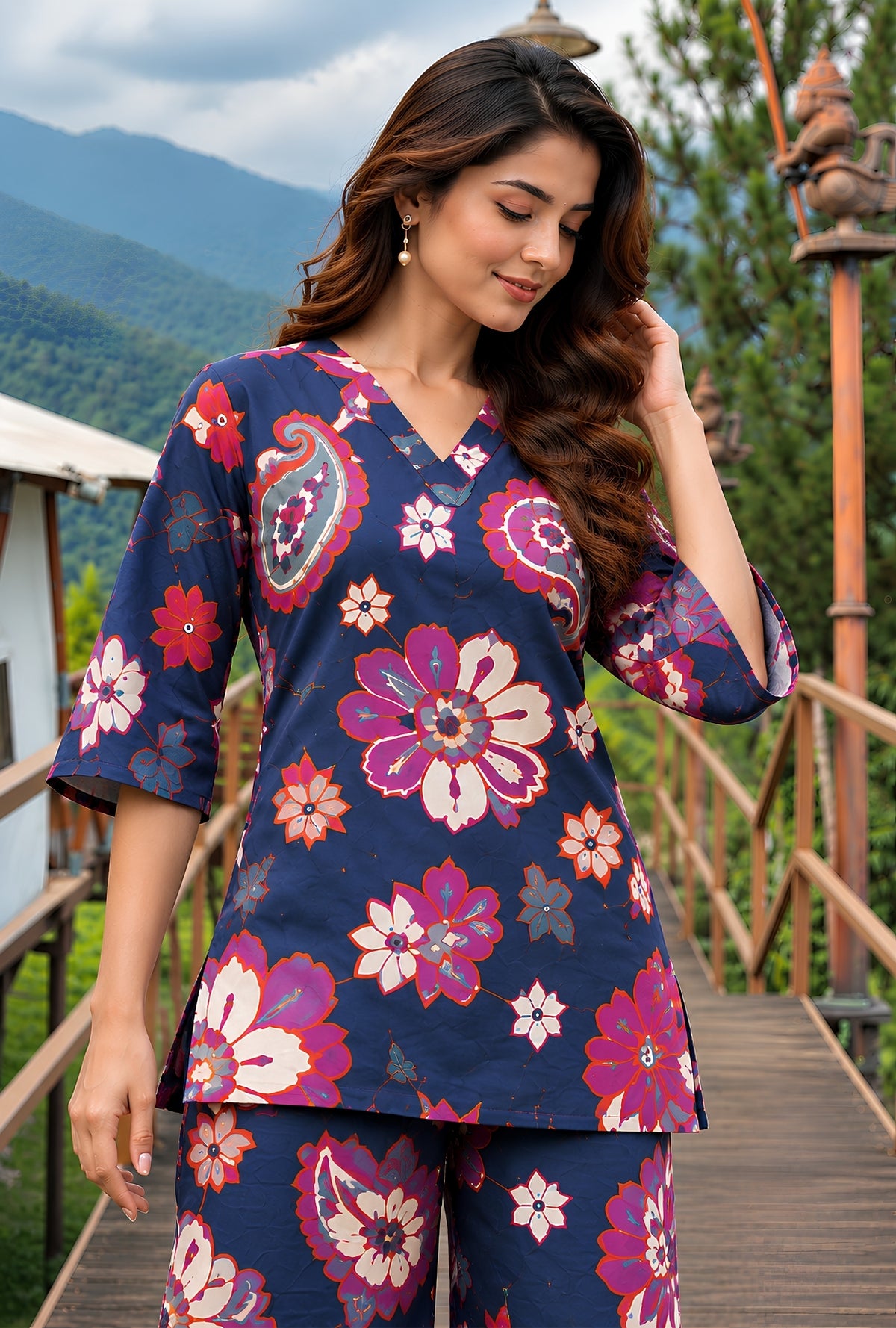 Sapphire Jardin Navy Blue Printed Cotton Co-ords Set