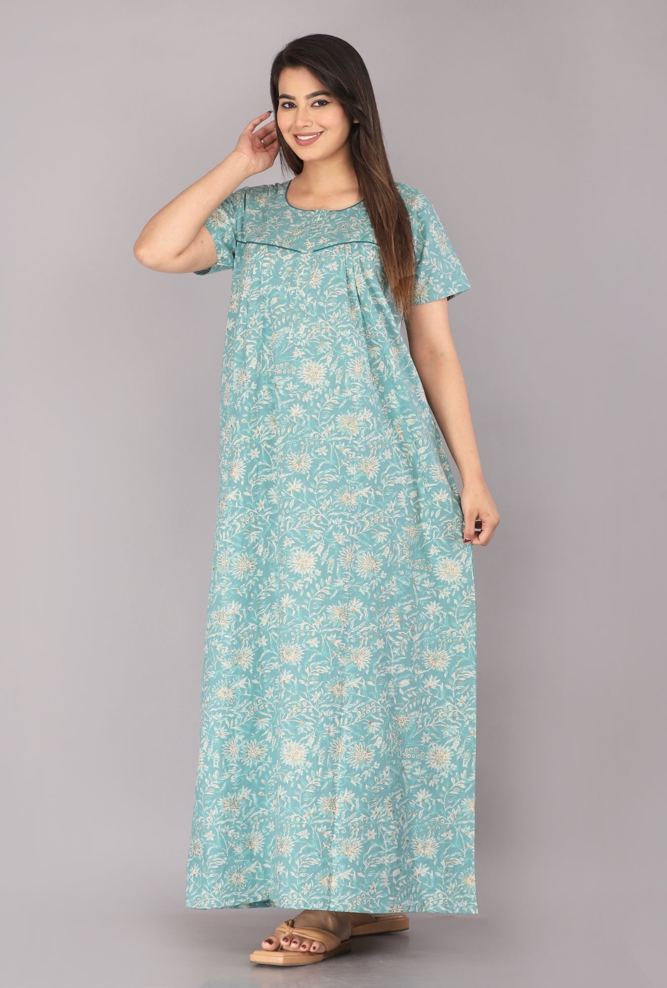 Berries Sea Green Cotton Printed Nightwear Gowns